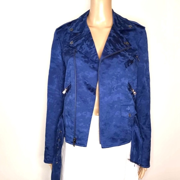 Anne Klein Blue Camouflage Moto Biker Zip Front Buckle Front Jacket Size 8 - Picture 3 of 7